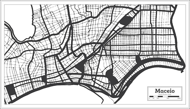 Maceio brasilien stadtplan in schwarz-weiß-farbe im retro-stil übersichtskarte