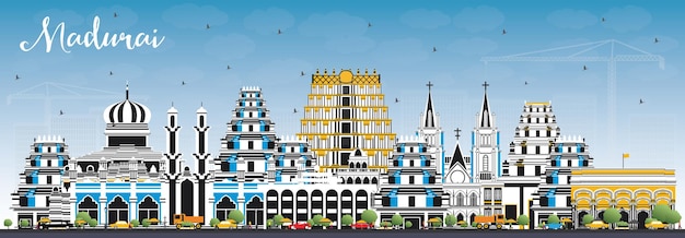 Madurai india city skyline mit farbgebäuden und blauem himmel. vektor-illustration. geschäftsreisen und konzept mit historischer architektur. madurai-stadtbild mit sehenswürdigkeiten.