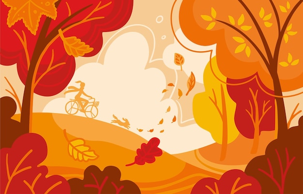 Mädchen auf dem Fahrrad, das mit Ihrem Hund auf dem Herbstpark spazieren geht. Herbstlicher Hintergrund. Vektor-Illustration.