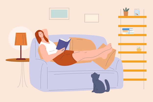 Mädchen auf dem sofa liest ein buch frau ruht sich am abend zu hause mit katze aus wochenende entspannen schüler lernen notizbuch gemütliche vektorillustration mädchen entspannen sich, charakter liest buch