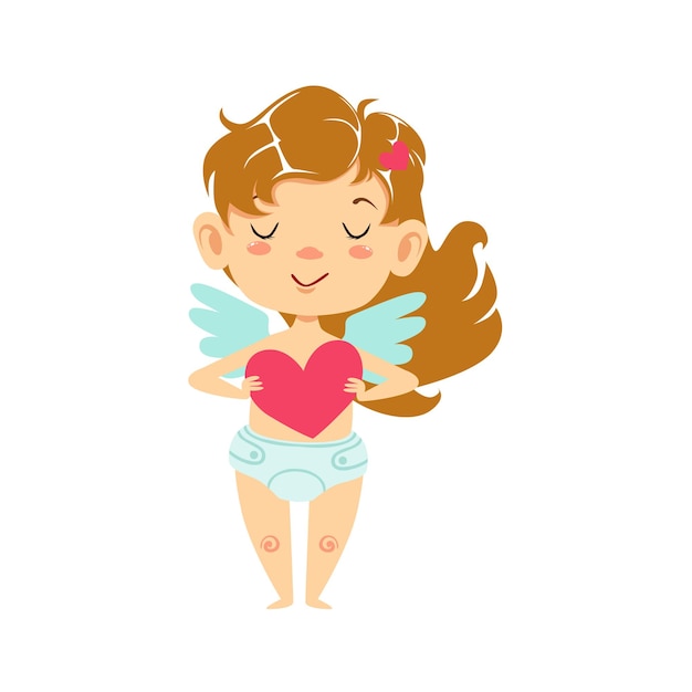 Mädchen-baby-amor hält ein herz, geflügeltes kleinkind in der windel entzückende liebes-symbol-cartoon-figur. glückliche säuglings-amor-saint-valentinstag-flache vektor-illustration.