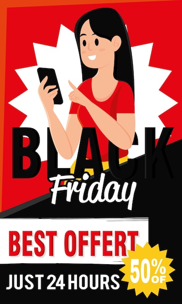 Mädchen beim einkaufen auf dem handy black friday poster vektorillustration