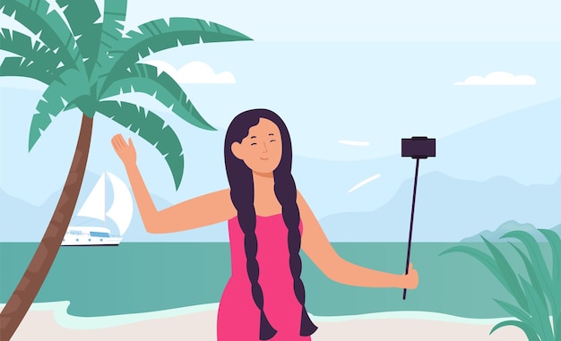 Vektor mädchen-blogger-rekordreise-vlog telefon auf selfie-stick halten weibliche figur, die urlaub am meer hat