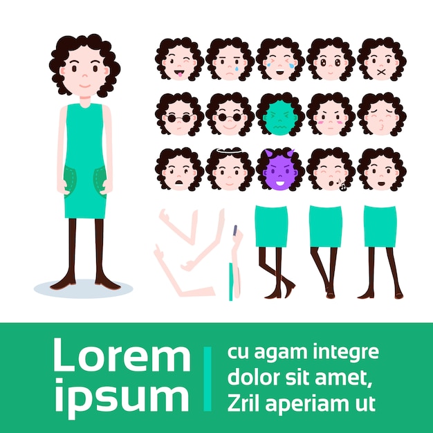 Mädchen charakter konstruktor satz von verschiedenen weiblichen emotionen gesichter, hände, beine körperteile