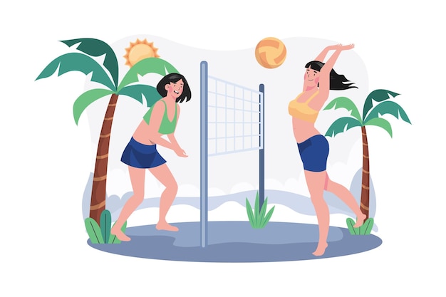 Mädchen, das beachvolleyball-illustrationskonzept auf weißem hintergrund spielt