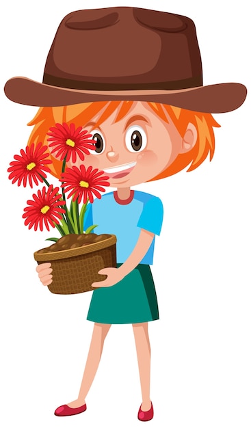 Mädchen, das Blume im Topfkarikaturcharakter lokalisiert hält
