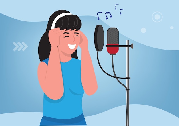 Mädchen, das durch das mikrofon singt nehmen sie ein lied in einem tonstudio auf radiomoderator sänger künstler vektor illustration design