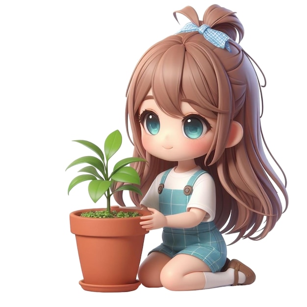 Mädchen, das eine Topfpflanze am Tag der Erde hält, Zeichentrickfilm 3D-Rendering-Illustration