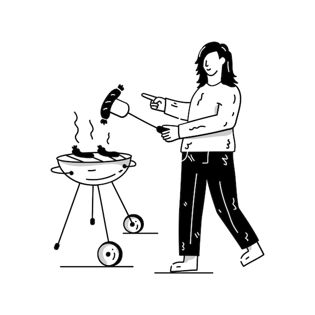 Vektor mädchen, das essen auf gezeichneter illustration des bbq-grills macht