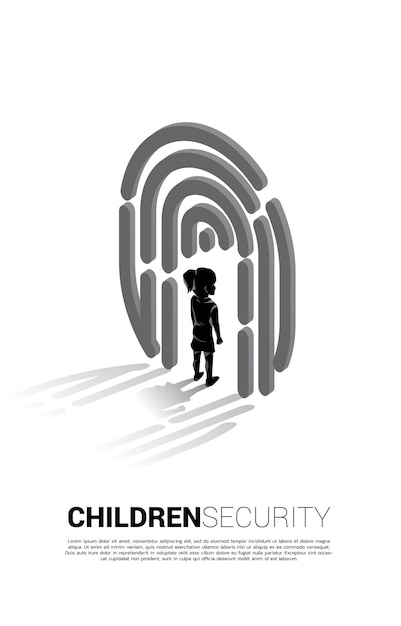 Mädchen, das im fingerscan-symbol steht. hintergrundkonzept für kindersicherheits- und datenschutztechnologie für identitätsdaten