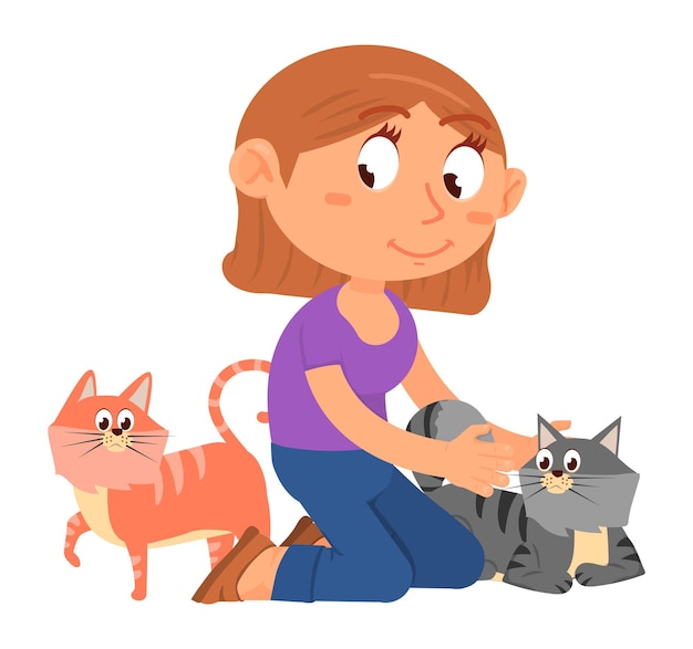 Mädchen, das mit zwei katzen spielt. kinder streicheln haustiere. vektor-illustration