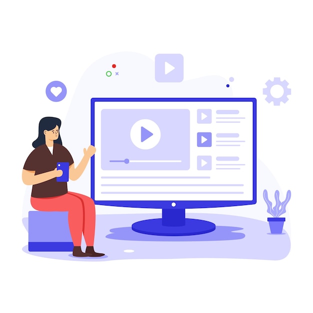 Mädchen, das online flache Illustration des Videomarketings streamt