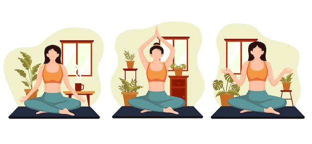 Mädchen, das yoga-flaches bündel-illustrations-design meditiert