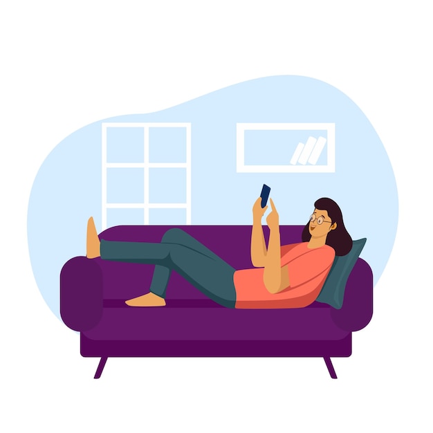 Mädchen entspannt sich auf der Couch mit Handy-Vektorillustration