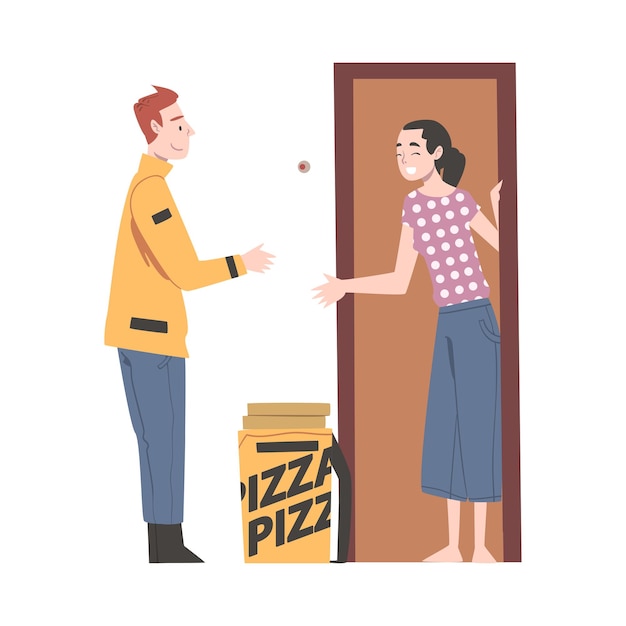 Vektor mädchen erhält eine pizzeria-bestellung online-lebensmittelbestellung und lieferdienst cartoon-stil vektor-illustration