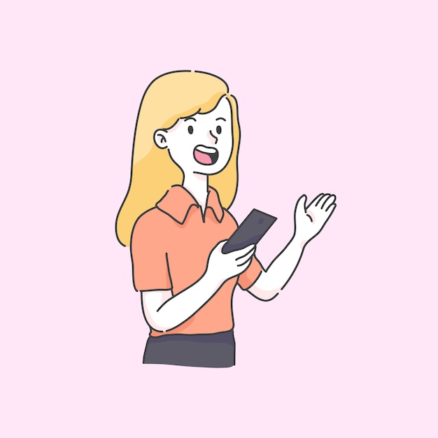 Mädchen hält Telefon erklärt Text einfügen süße Illustration