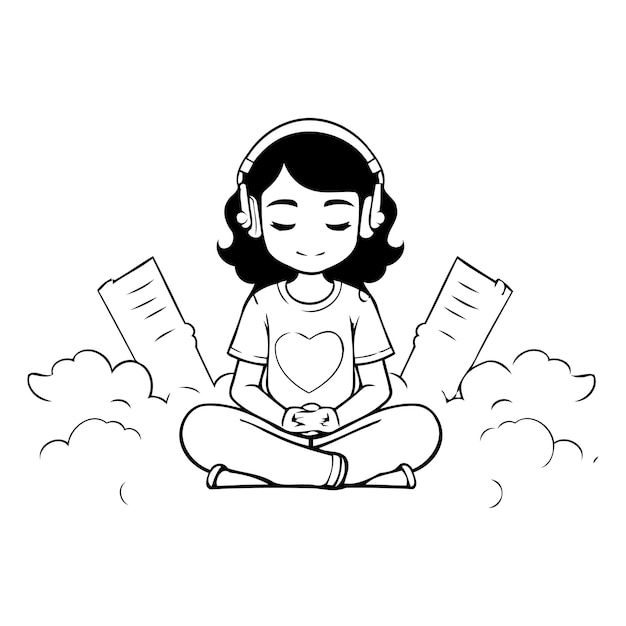 Vektor mädchen hört musik mit kopfhörern und sitzt auf der wolke vektor-illustration