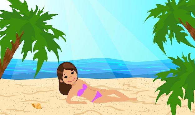 Mädchen im Bikini beim Sonnenbaden am Strand. Der Cartoon-Stil. Vektor-Illustration.