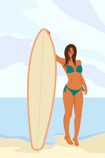 Mädchen im Bikini mit Brandung. Vektorillustration auf Landschaft