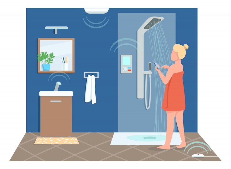 Vektor mädchen im intelligenten badezimmer flache farbe gesichtslosen charakter. junge frau, die dusche fernsteuert. cartoon-illustration zur steuerung der technologie des internet der dinge für webgrafikdesign und -animation
