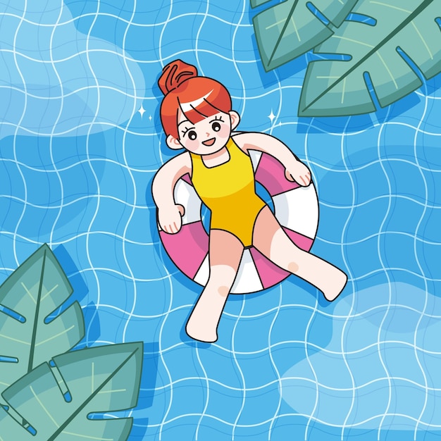 Vektor mädchen in badeanzug, das auf einem schwimmring im sommer-schwimmbad schwimmt