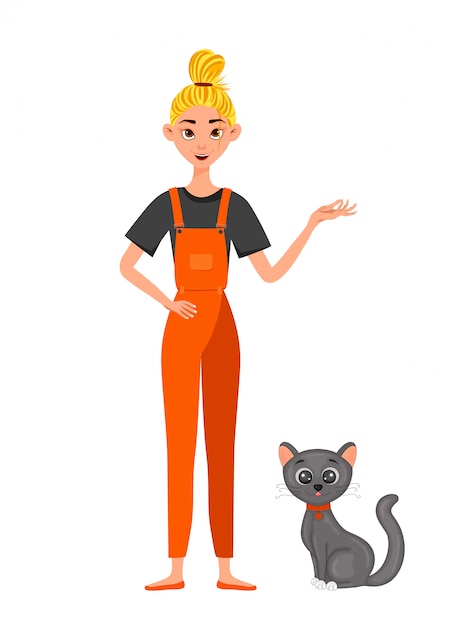 Vektor mädchen in einem overall mit einer katze. cartoon-stil. illustration.