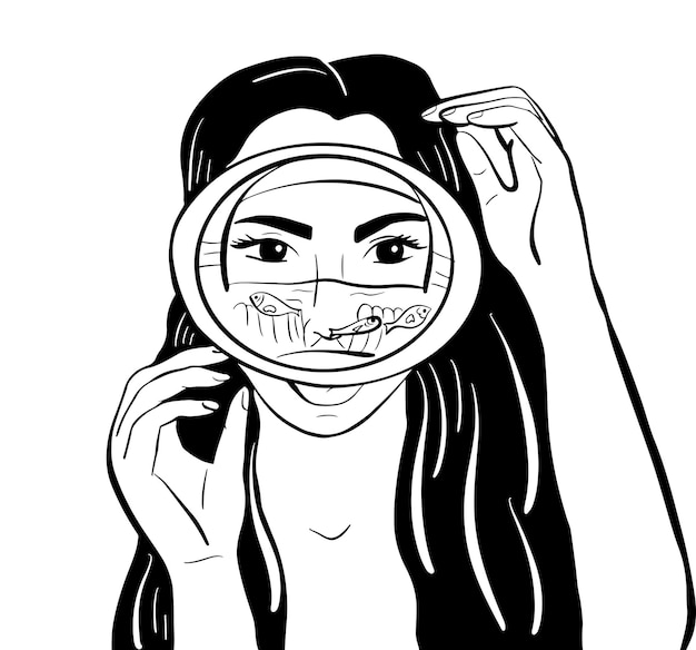Mädchen in einer Maske und mit Fisch Schnorcheln TauchenFischenHandgezeichnete Vektorillustration