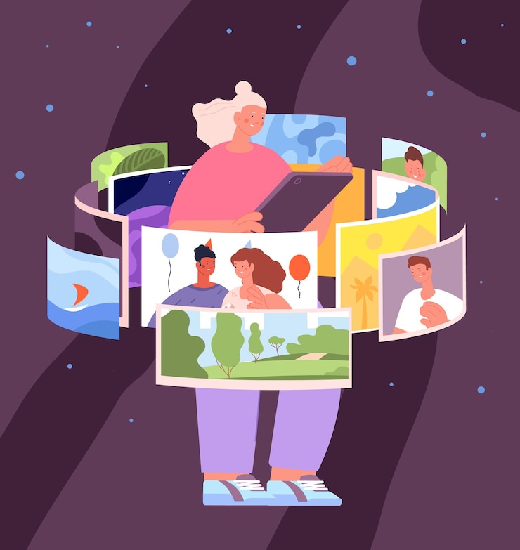 Vektor mädchen in sozialen medien kommunikation mit freunden, die ein smartphone halten und nachrichten durchsuchen blogger, der informationen teilt, einfluss oder web-marketing-vollendungsvektorkonzept