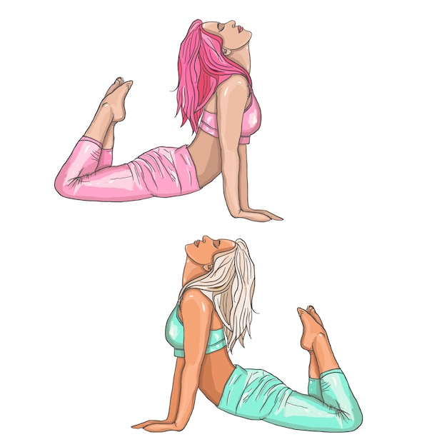 Mädchen in yogaposition. vector illustration der schönen karikaturfrau in den verschiedenen haltungen von yoga.