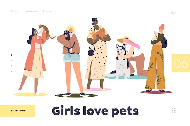 Mädchen lieben haustiere landing page mit glücklichen tierbesitzern, die haustiere umarmen: junge frauen mit katzen, hunden und kaninchen. vorlagenplakatdesign. flache vektorillustration