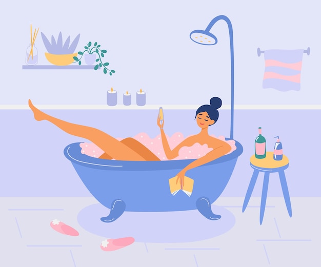 Mädchen liegt im Badezimmer mit Schaumblasen. Dame trinkt Wein, liest ein Buch und entspannt sich. Badezeit, Spa zu Hause. Alltag und Alltag. Cartoon-Vektor-Illustration im flachen Stil.