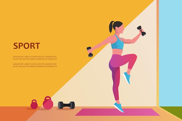 Mädchen macht Sport Übung mit Hanteln Fitness und Gewichtsverlust Vorlage für Banner