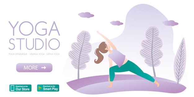 Mädchen macht Yoga-Pose Hatha Yoga im Park Yoga Studio Anwendungsbanner-Vorlage mit Button-Vektor
