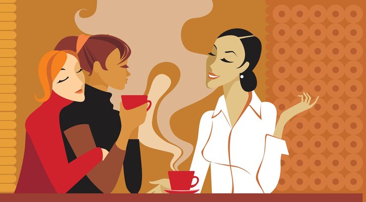 Mädchen Menschen Kommunikation und Freundschaft Konzept Lächelnde junge Frauen trinken Kaffee oder Tee und tratschen in einem Café