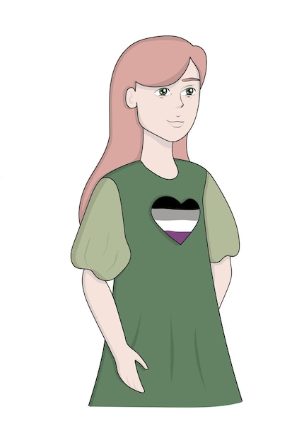 Mädchen mit asexueller Flagge Frau im grünen Kleid Geschlecht sexuelle Orientierung sei du selbst Liebe LGBT-Gemeinschaft LGBTQIA plus Gleichberechtigung keine Diskriminierung Vektordarstellung auf weißem Hintergrund