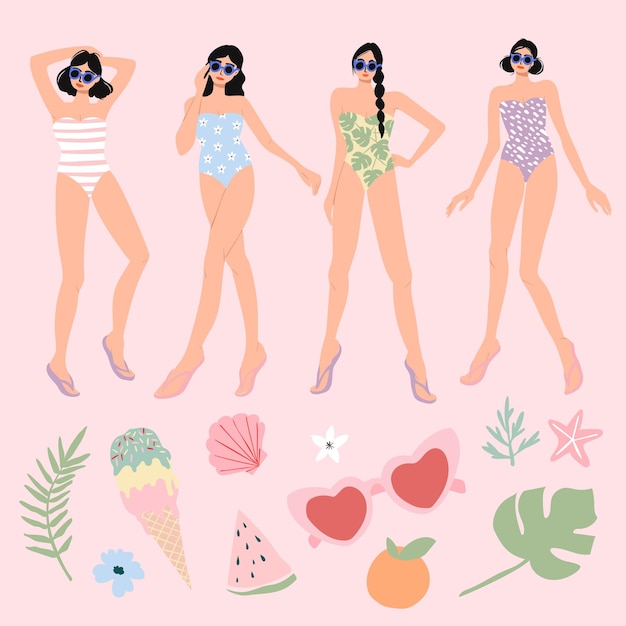 Mädchen mit Badeanzügen und Sommer-Accessoires-Set Mädchen posieren mit Eis, Sonnenbrillen, Früchten, Palme