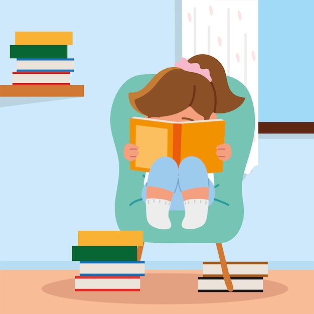 Mädchen mit Büchern auf Stuhl