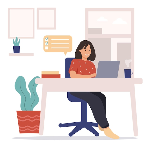 Mädchen mit dem Laptop, der auf dem Stuhl sitzt. Freiberufliches, Fernarbeits- oder Studienkonzept
