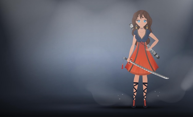 Mädchen mit einem katana in einem blauen und roten kleid anime-samurai-frau auf grauem studiohintergrund vektorillustration im cartoon-stil