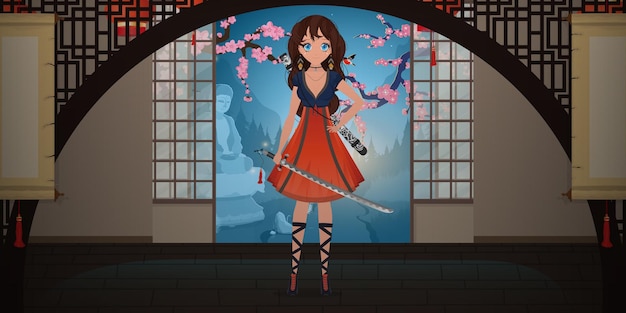 Mädchen mit einem katana in einem blauen und roten kleid anime-samurai-frau im japanischen raum vektorillustration im cartoon-stil