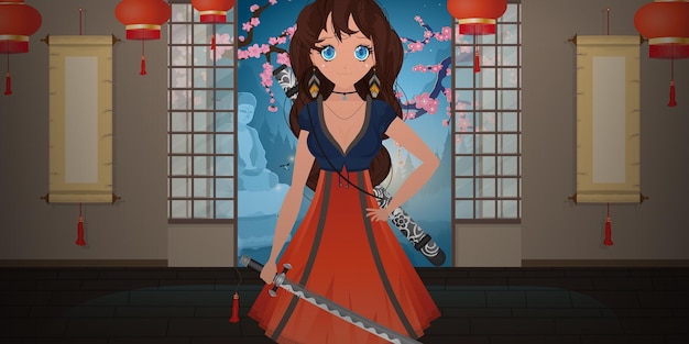 Mädchen mit einem katana in einem blauen und roten kleid anime-samurai-frau im japanischen raum