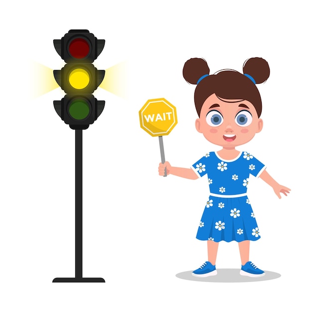 Mädchen mit einem warteschild. die ampel zeigt ein gelbes signal. vektor-illustration