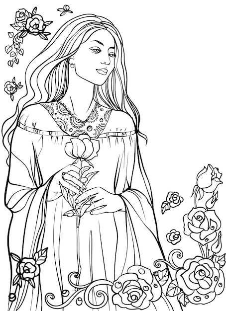 Mädchen mit einer rose in einem blumenrahmen. handgezeichnete vektorillustration. strichzeichnung