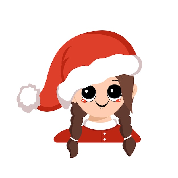 Mädchen mit großen Augen und breitem, glücklichem Lächeln in roter Weihnachtsmütze süßes Kind mit fröhlichem Gesicht in festlichem Kostüm...