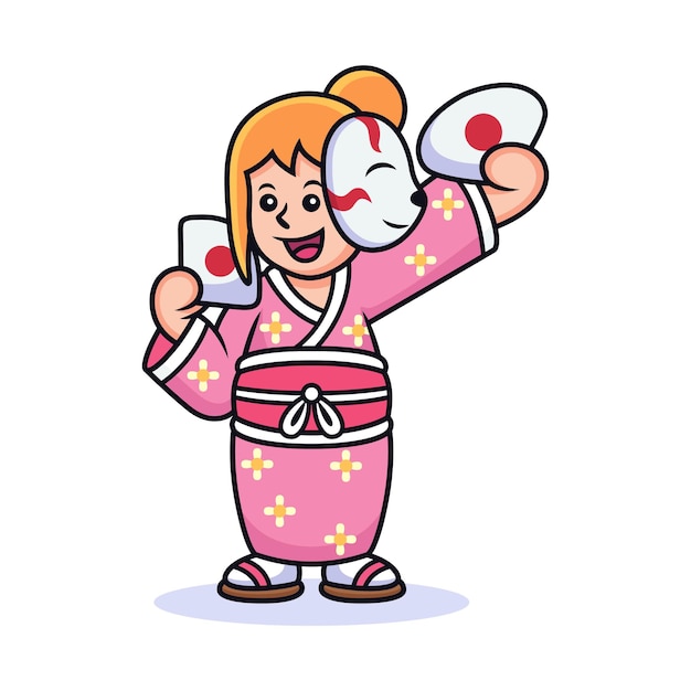 Mädchen mit japanischer kostümkarikatur. vektor-icon-illustration, isoliert auf premium-vektor