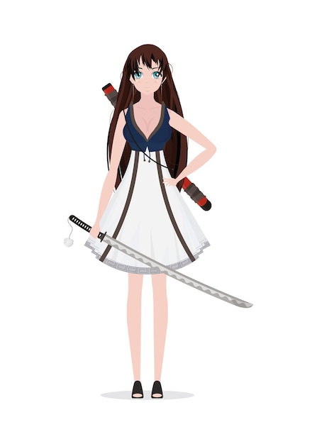 Mädchen mit Katana in Blau und Kleid Anime-Samurai-Frau isoliert Vektorillustration im Cartoon-Stil