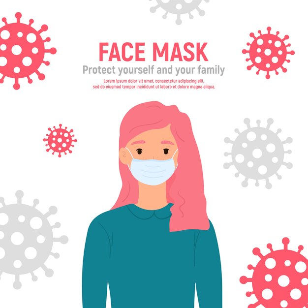 Mädchen mit medizinischer maske auf gesicht, zum sie gegen coronavirus covid-19, 2019-ncov zu schützen, lokalisiert auf weißem hintergrund. kindervirusschutzkonzept. bleib sicher. illustration