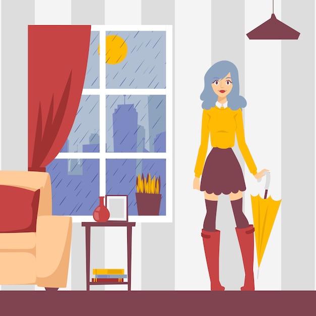 Mädchen mit regenschirm in der wohnung, illustration. regenwetter im fenster, junge frau in der stilvollen ausstattung bereit, draußen zu gehen. mode-modell-zeichentrickfilm-figur, schönes mädchen