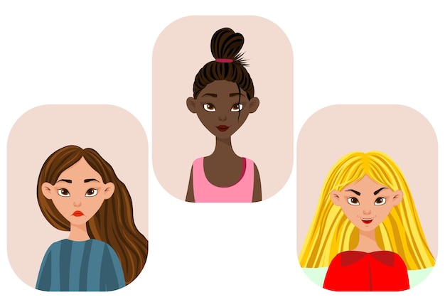 Mädchen mit unterschiedlichen gesichtsausdrücken und emotionen vektorillustration im cartoon-stil