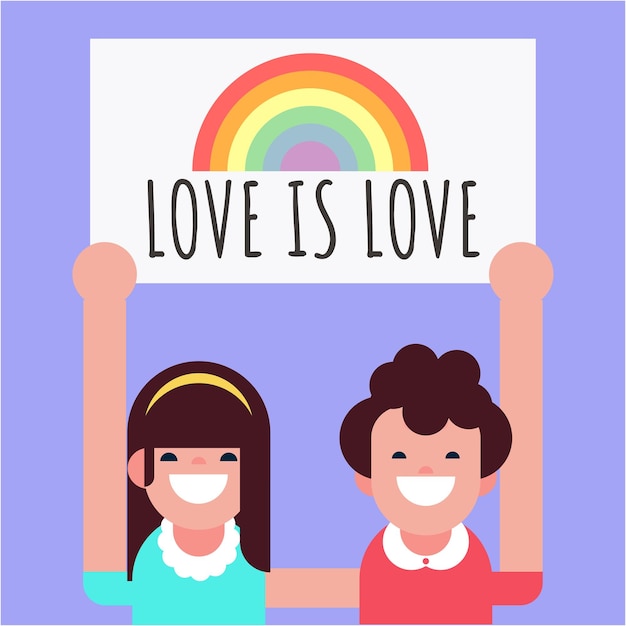 Mädchen paar lieben es, lgbt-poster zu halten menschen drängen sich mit regenbogen-geschlechtszeichen lgbtq community pride month gay parade plakate vektor illustration banner vorlage